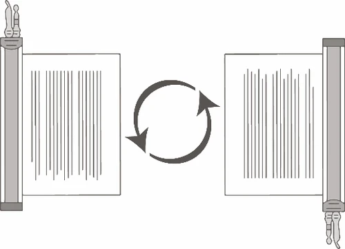 Diagramma con due fogli bianchi affiancati da due rotoli di carta e due frecce circolari scure che indicano un processo di scambio o rotazione