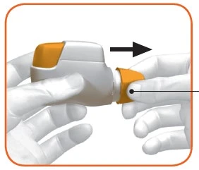 Two gloved hands holding a white and orange medical device with a black arrow indicating movement to the right
