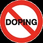 Segno di divieto circolare rosso con una barra diagonale su sfondo bianco e la scritta nera DOPING al centro