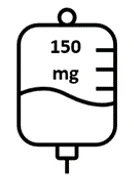 Schematic drawing of an infusion bag containing a liquid labeled 150 mg with measurement markings on the side