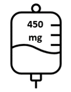 Stylized black-and-white drawing of an infusion bag containing a liquid labeled 450 mg with measurement markings on the side