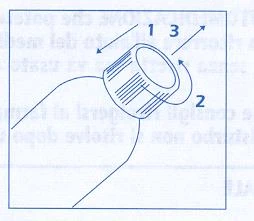 Technical diagram with numbered arrows indicating the opening and closing movement of a screw cap on a medical vial