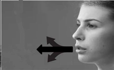 Profile of a woman with a black double-headed arrow pointing to her open mouth on a neutral gray background