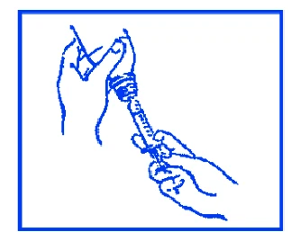 Blue linear drawing showing two hands holding a syringe with needle to prepare or administer a liquid medication