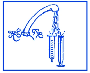 Stylized blue drawing of an open tap flowing water into a syringe and a cylindrical container below