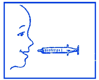 Stylized blue drawing of a human profile in side view with a syringe positioned horizontally in front of the open mouth