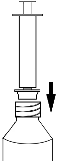Disegno tecnico di una siringa che viene inserita verso il basso in un flacone di vetro tramite una freccia nera rivolta verso il basso