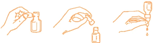 Tre disegni lineari arancioni mostrano mani che aprono un flaconcino di medicinale e ne versano il contenuto goccia a goccia