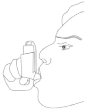 Disegno a linee sottili di un profilo umano che tiene un inalatore vicino alla bocca e al naso per l'assunzione del farmaco