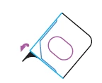 Diagramma schematico di un dispositivo medico con contorno nero e azzurro e un ovale viola al centro con una freccia curva viola a sinistra