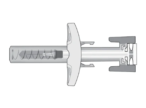 Black and white technical diagram of a syringe-like medical device with plunger, transparent body, and central finger grips