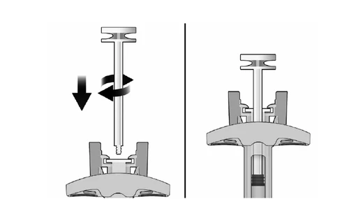 Diagram showing two stages: on the left, a plunger is being pushed downward and rotated; on the right, the plunger is inserted into the device