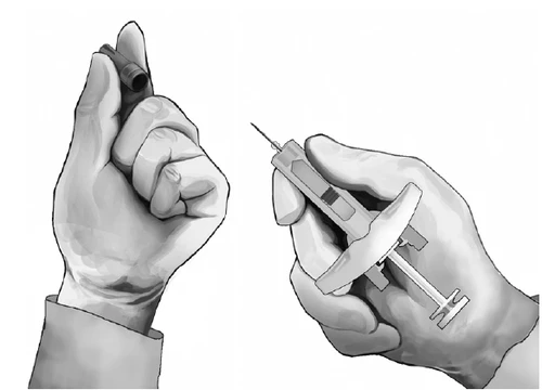 Two hands handling a syringe with needle and plunger for drug administration against a white background