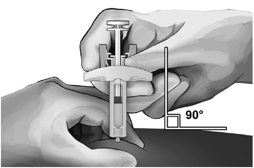 Two hands holding an auto-injector to insert the