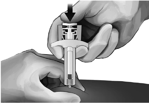 Two hands holding a medical device to inject a drug into the skin, with a black arrow indicating downward pressure