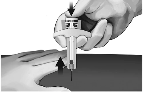 One hand vertically pressing a pen-like medical device against the upper back of a hand, with a black arrow pointing downward
