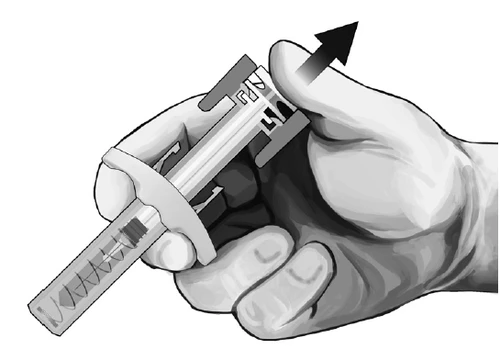 One hand holding a cylindrical medical device with a black arrow pointing toward the