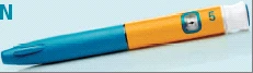 Penna iniettrice medica con corpo blu e arancione, dotata di un piccolo display con indicatore e il numero 5 stampato in nero
