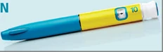 Penna iniettrice medica con corpo blu e parte superiore gialla con numero 10 e finestra di controllo su sfondo azzurro chiaro