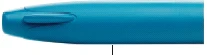 Dettaglio ravvicinato di una penna iniettiva di colore azzurro con un pulsante di attivazione sulla punta e una linea nera verticale alla base