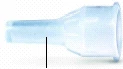 Un connettore in plastica trasparente con una base larga e un tubo sottile e allungato su sfondo bianco