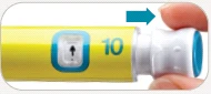 Dita che tengono un dispositivo medico giallo con il numero 10 e una freccia azzurra che indica di ruotare la parte bianca verso destra
