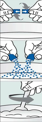 Three illustrations show hands rotating a container, pouring blue granules into a container, and mixing the contents with a stick