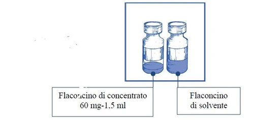 Technical drawing of two vials side by side with labels indicating a concentrate vial of 60 mg-1.5 ml and a solvent vial