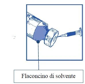 Technical illustration of a syringe with a needle piercing the stopper of a solvent vial for drug preparation