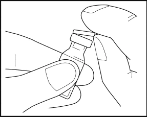 Line drawing showing a hand holding a small vial with a cap to prepare the medication