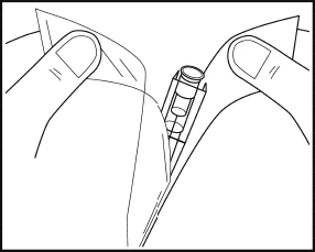 Two hands carefully opening a transparent plastic package to remove a prefilled syringe with liquid