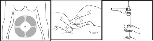 Three line drawings showing a torso with injection sites, hands applying a patch, and a hand holding a syringe-like medical device