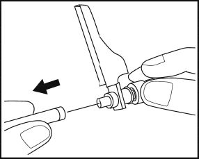 Two hands separating a medical device with a black arrow pointing left indicating the component removal movement