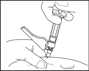 A gloved hand holding a syringe to inject medication through the skin of a body part with the