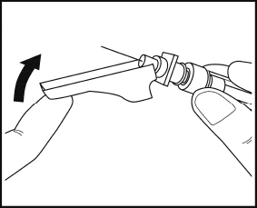 Black and white drawing showing two hands gripping a medical device with a curved arrow indicating rotational movement to the