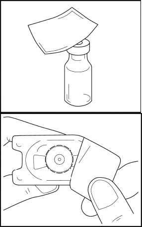 Technical drawing showing a glass vial with cap and a hand holding a flat medical device with a central disk