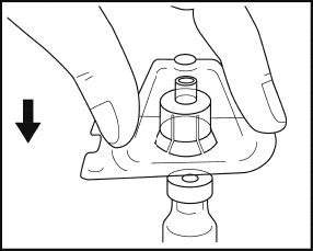Two hands hold a transparent plastic cap over the neck of a medical vial with a black arrow pointing downward