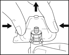 Two hands pressing fingers toward the center of a transparent plastic base mounted on a medical device with black directional arrows