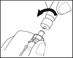 Black and white drawing showing a hand rotating a cylindrical cap to the left to detach it from a medical device