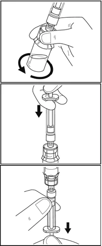 Three diagrams showing a hand rotating a vial, pressing a plunger down, and pushing further to draw in the liquid