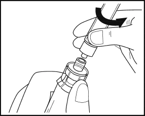 Two hands rotating an injection pen to attach its tip to another cylindrical drug component