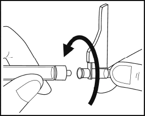Two hands rotating a cylindrical medical device with a black curved arrow indicating rotational movement between the two parts