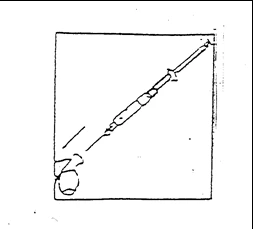Schematic black and white drawing of a syringe with needle tilted diagonally
