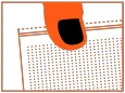 An orange finger pressing on a white surface with a grid of small black dots
