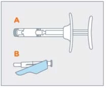 Medical diagram with two illustrations: letter A shows a white injection pen, and letter B shows a pen with a blue protective cap