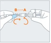 Two hands holding two parts of a medical device being rotated