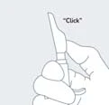 Line drawing of a hand holding a vertical medical device with the word Click at the top indicating the click mechanism