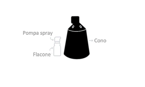 Black and white schematic diagram indicating parts of a container: bottle, spray pump, and upper cone