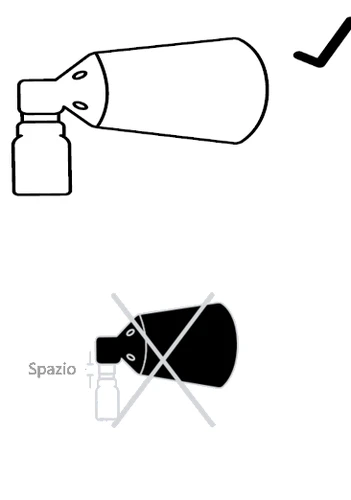 Schematic drawing showing the correct positioning of a vial with a tilted connector and an error with excessive space crossed out with an X