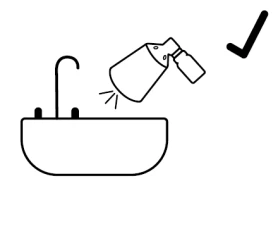 Line drawing of a container pouring liquid into a sink with a black checkmark next to it